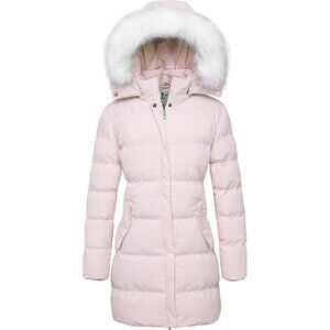 Women's Pink Winter Puffer Coat Warm Removable Hood Jacket